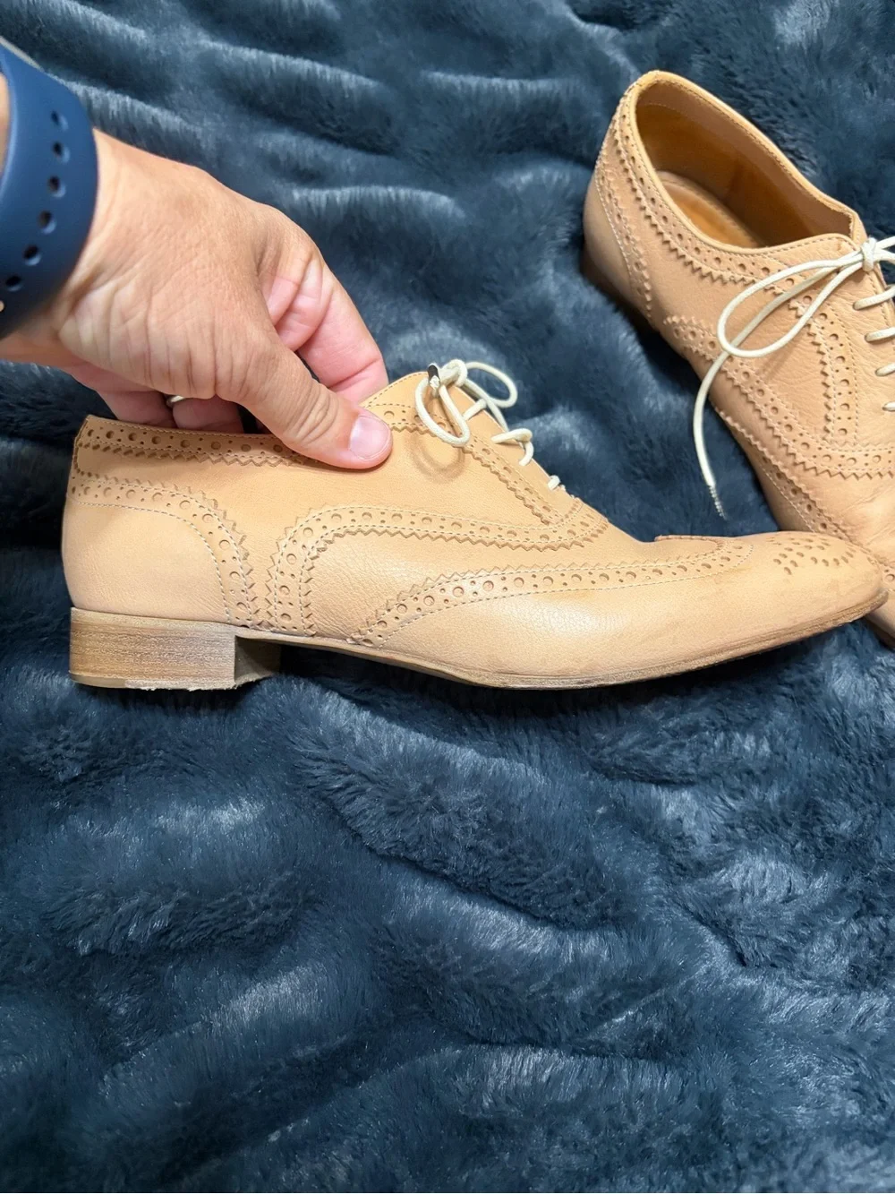 Marc Jacobs Beige Tan Leather Brogue Wingtip Oxfords almond toe size 38/8